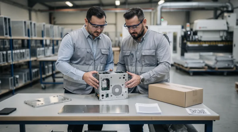 Tecnico qualità controlla contenitore metallico per elettronica, imballo e documentazione in officina di carpenteria leggera